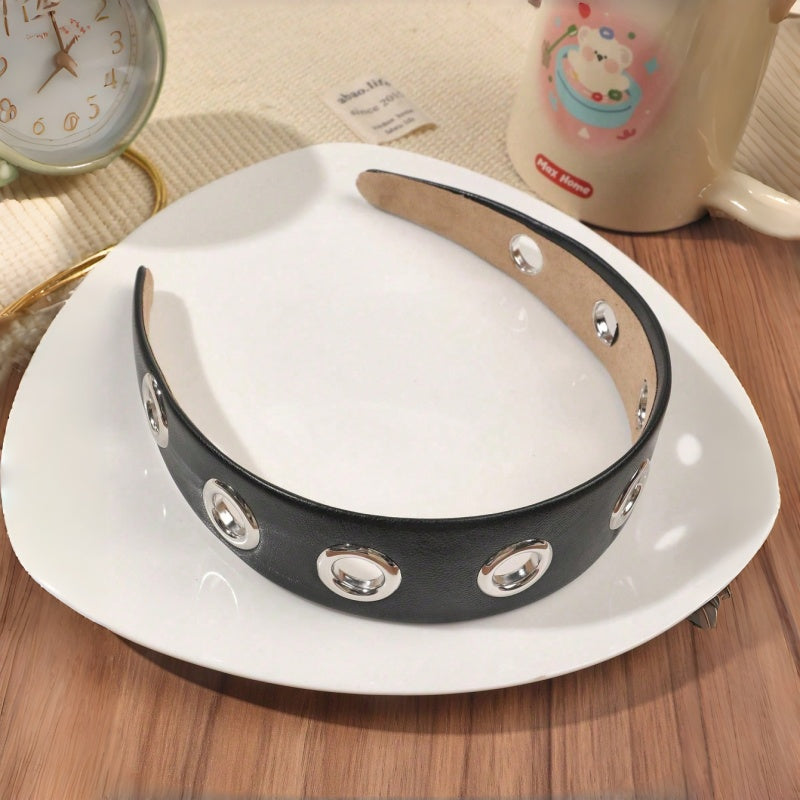 Punk Wide PU Leather Headband for Women, Silver Metal Eyelet Hollow Decor Hair Hoop, Fashion Rock Goth Hair Accessories