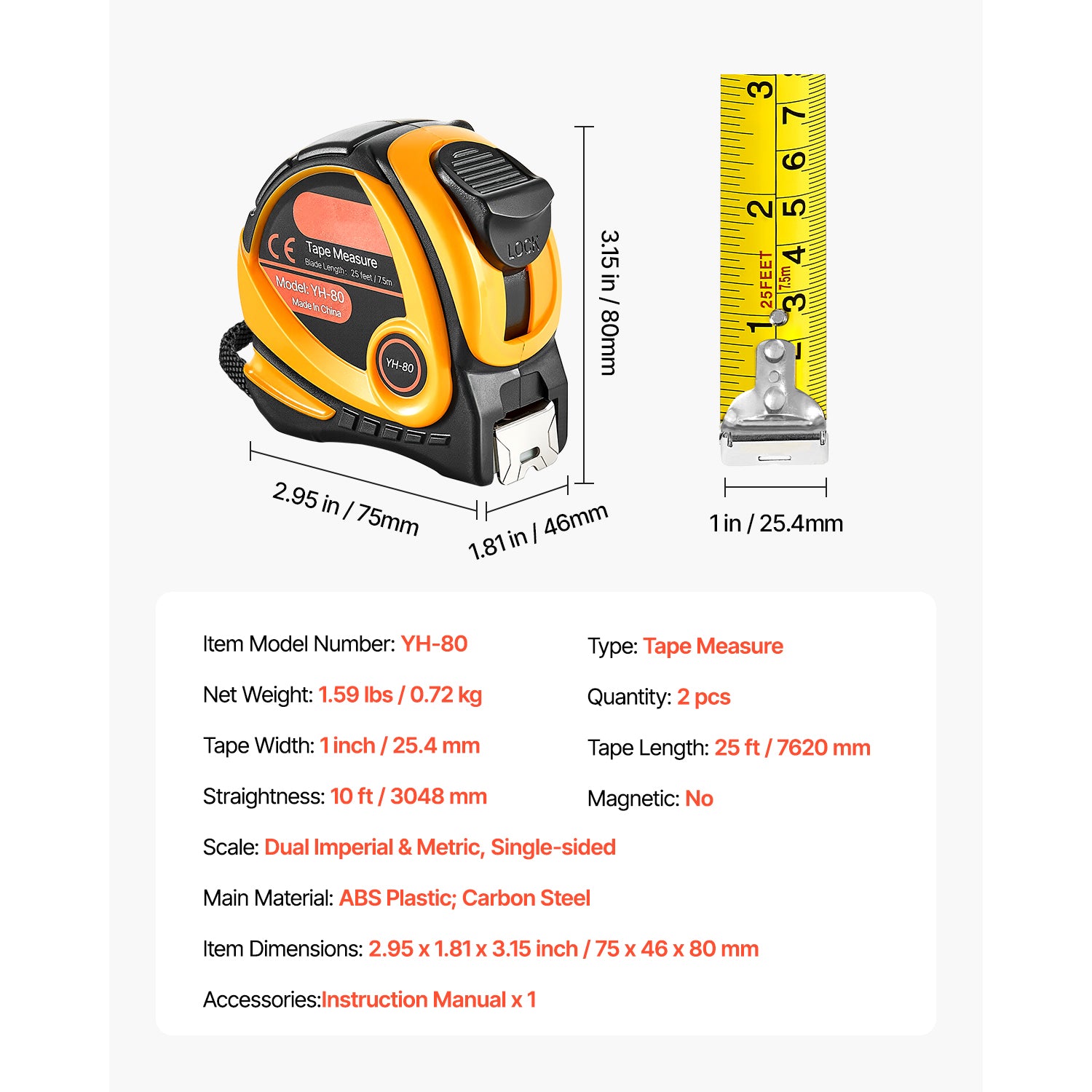 2 Pack 25 Ft Retractable Tape Measure, Dual Imperial & Metric Measuring Tape, ABS Shell Carbon Steel Tape with Lock Hook for Construction Woodworking Home DIY Measuring Tools