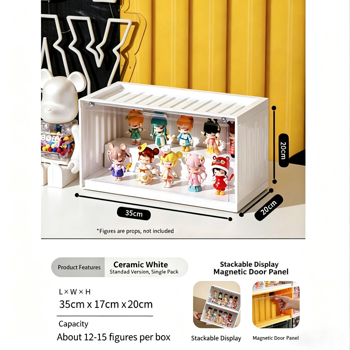 Container Style Figurine Display Case, Stackable Magnetic Door Dustproof Collectible Storage Box for Blind Box Toys, Desktop Pop Figure Organizer
