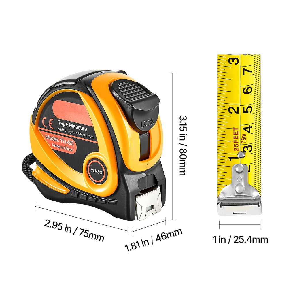 2 Pack 25 Ft Retractable Tape Measure, Dual Imperial & Metric Measuring Tape, ABS Shell Carbon Steel Tape with Lock Hook for Construction Woodworking Home DIY Measuring Tools