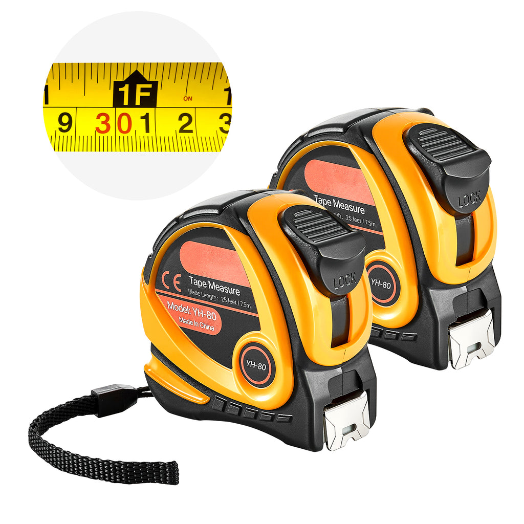 2 Pack 25 Ft Retractable Tape Measure, Dual Imperial & Metric Measuring Tape, ABS Shell Carbon Steel Tape with Lock Hook for Construction Woodworking Home DIY Measuring Tools