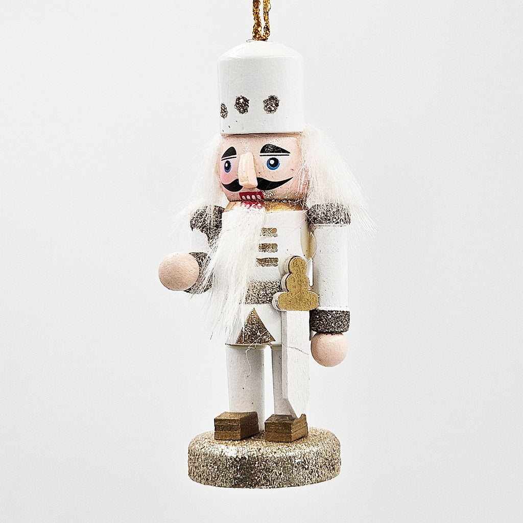 AEELLEEA 5 Inch White Gold Wooden Nutcracker Ornaments, Christmas Tree Hanging Soldier Decor, Set of 4