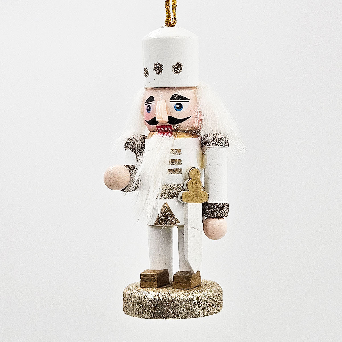 AEELLEEA 5 Inch White Gold Wooden Nutcracker Ornaments, Christmas Tree Hanging Soldier Decor, Set of 4
