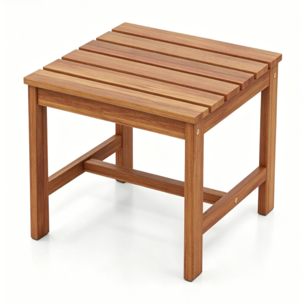 17 Inch Acacia Wood Outdoor Side Table, Square Slatted Patio End Table with Drainage Design, Heavy Duty Reinforced Frame for Backyard Garden Poolside