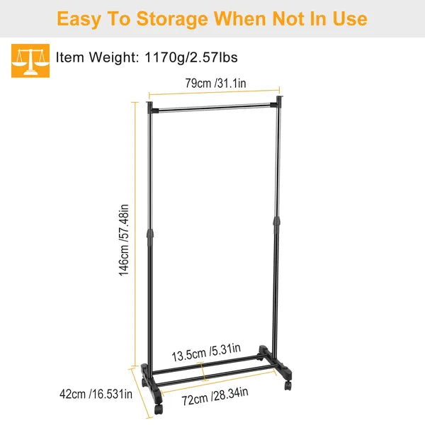 Aeelleea Foldable Rolling Garment Rack, 33lbs Height Adjustable Clothes Stand w/ Wheels Shelf for Dorm Home