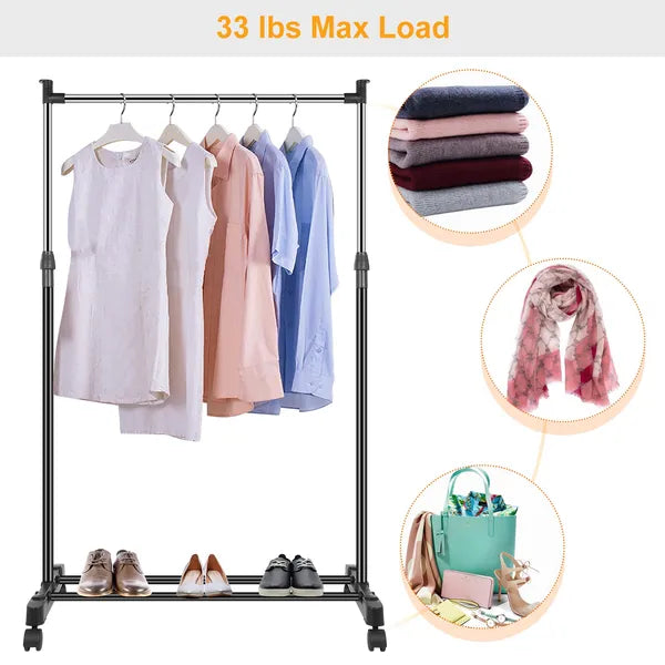 Aeelleea Foldable Rolling Garment Rack, 33lbs Height Adjustable Clothes Stand w/ Wheels Shelf for Dorm Home