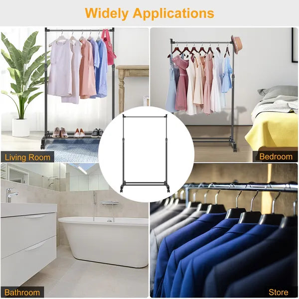 Aeelleea Foldable Rolling Garment Rack, 33lbs Height Adjustable Clothes Stand w/ Wheels Shelf for Dorm Home