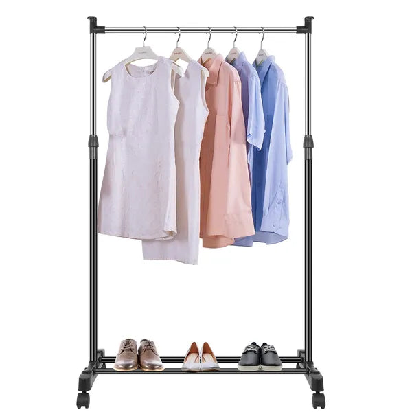 Aeelleea Foldable Rolling Garment Rack, 33lbs Height Adjustable Clothes Stand w/ Wheels Shelf for Dorm Home