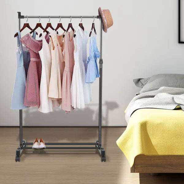 Aeelleea Foldable Rolling Garment Rack, 33lbs Height Adjustable Clothes Stand w/ Wheels Shelf for Dorm Home