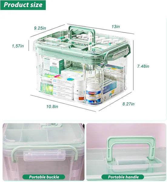 Aeelleea 15qt Clear Medicine Storage Box with Removable Tray, Thick Plastic Empty First Aid Box with Lid & Handle, Multipurpose Medical Organizer