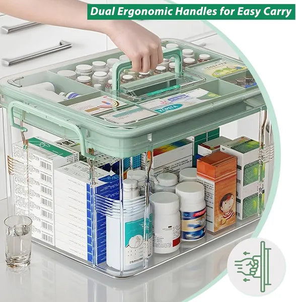 Aeelleea 15qt Clear Medicine Storage Box with Removable Tray, Thick Plastic Empty First Aid Box with Lid & Handle, Multipurpose Medical Organizer