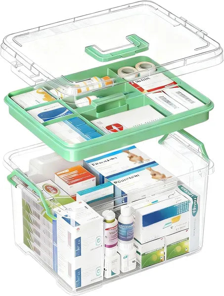 Aeelleea 15qt Clear Medicine Storage Box with Removable Tray, Thick Plastic Empty First Aid Box with Lid & Handle, Multipurpose Medical Organizer
