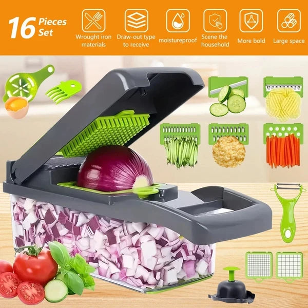 16-in-1 Vegetable Chopper, Onion Dicer Slicer Cutter, Stainless Steel Blades Fruit Veggie Food Chopper with Storage Container