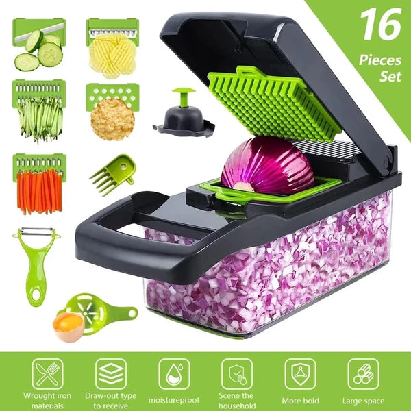 16-in-1 Vegetable Chopper, Onion Dicer Slicer Cutter, Stainless Steel Blades Fruit Veggie Food Chopper with Storage Container