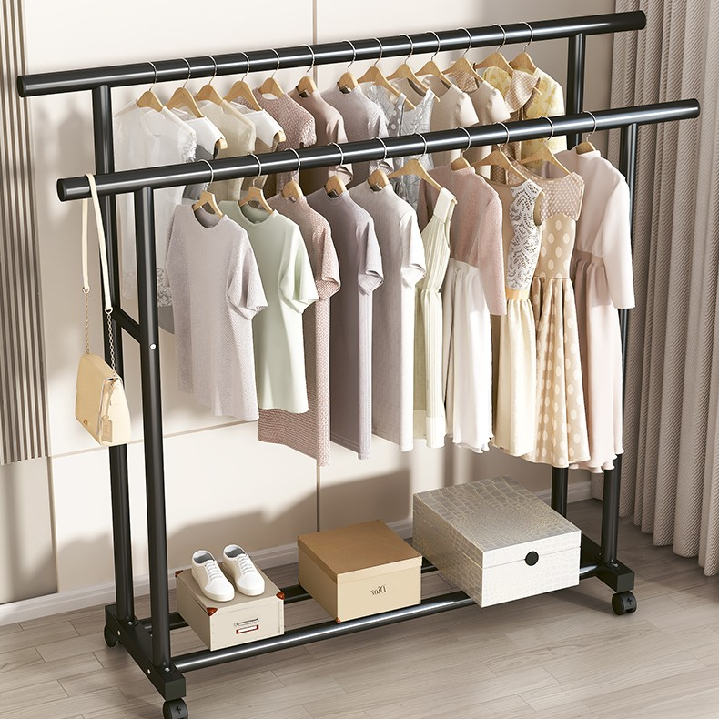 1.5m Double Round Straight Rod Clothes Rack - Black with Casters
