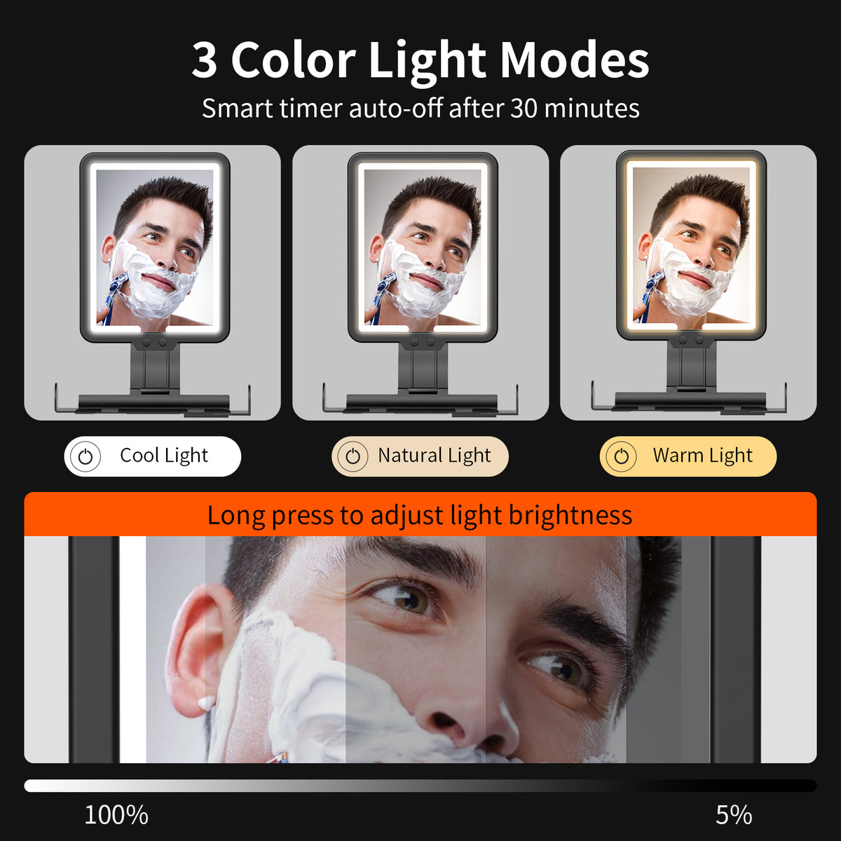 Lighted Fogless Shower Mirror for Shaving, Anti-Fog, 3 Color Dimmable, Adjustable, Razor & Foam Holder, Wall Mount