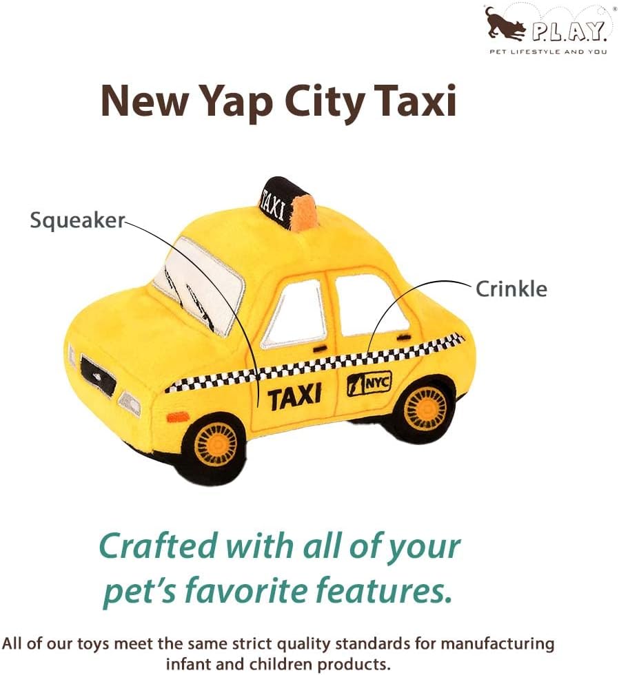 P.L.A.Y. Cute Plush Dog Toys - Canine Commute, Travel Themed Durable Squeaker Chew Toy, Great for Puppies & Small, Medium, Large Dog Breeds - Machine Washable, Recycled Materials (New-Yap City Taxi)