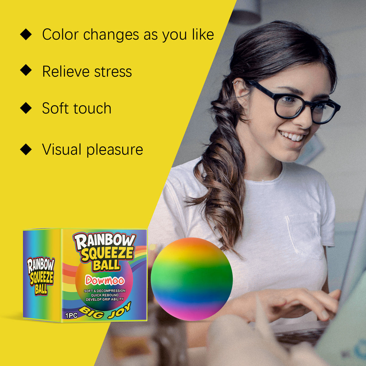 Rainbow Squeeze Ball Stress Relief Fidget Toy, Color Changing Soft TPR Sensory Ball for Kids, Teens & Adults,