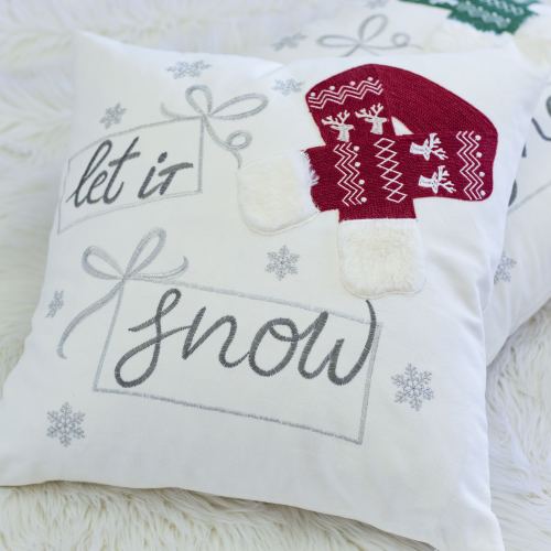 AEELLEEA Let It Snow 20x20in Christmas Throw Pillow, Cotton Cushion with 3D Knit Hat Embroidery, Cover & Insert for Holiday Decor