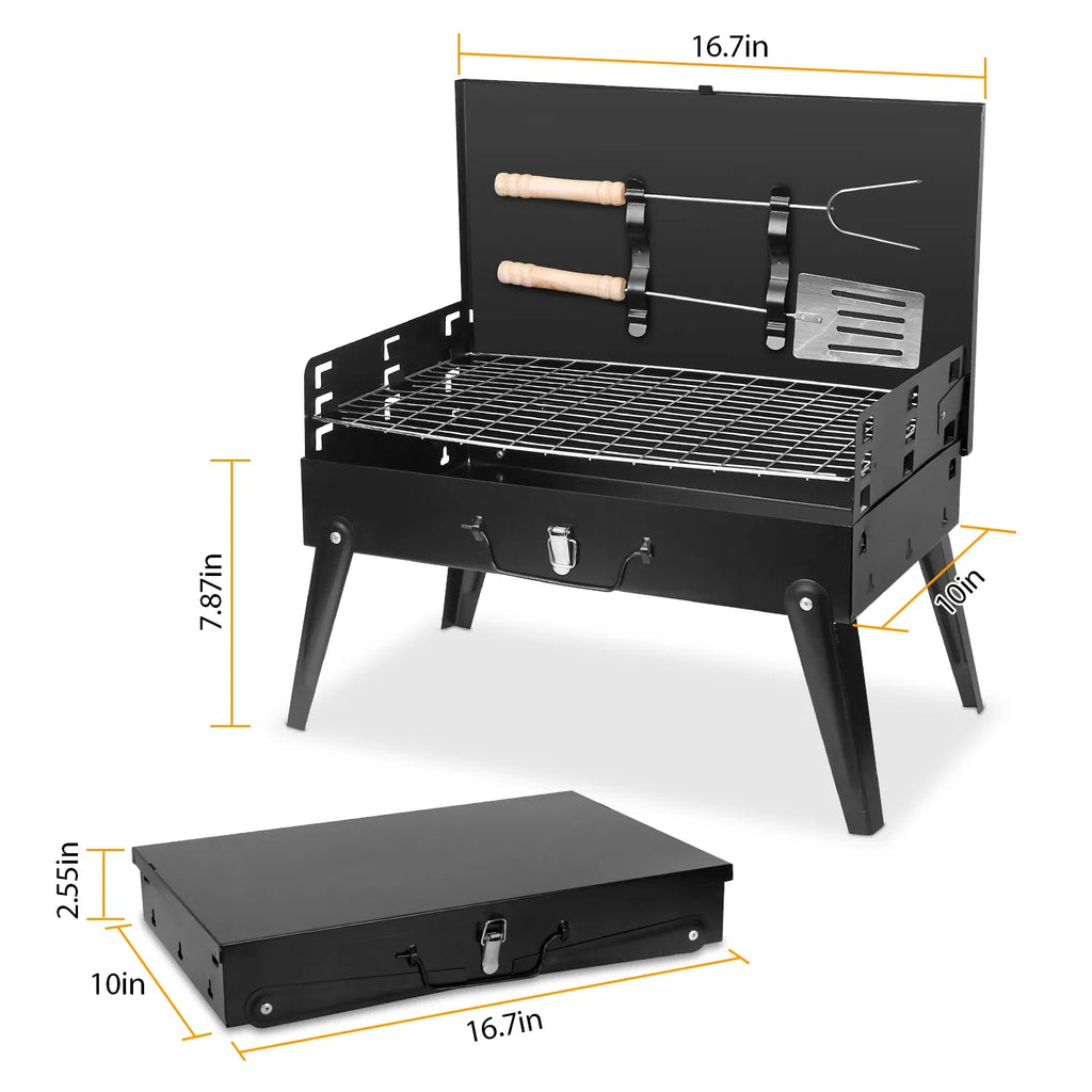 16.7" Portable Charcoal Grill, Foldable Suitcase BBQ Grill with 3-Level Adjustable Grate & Carry Handle - Black