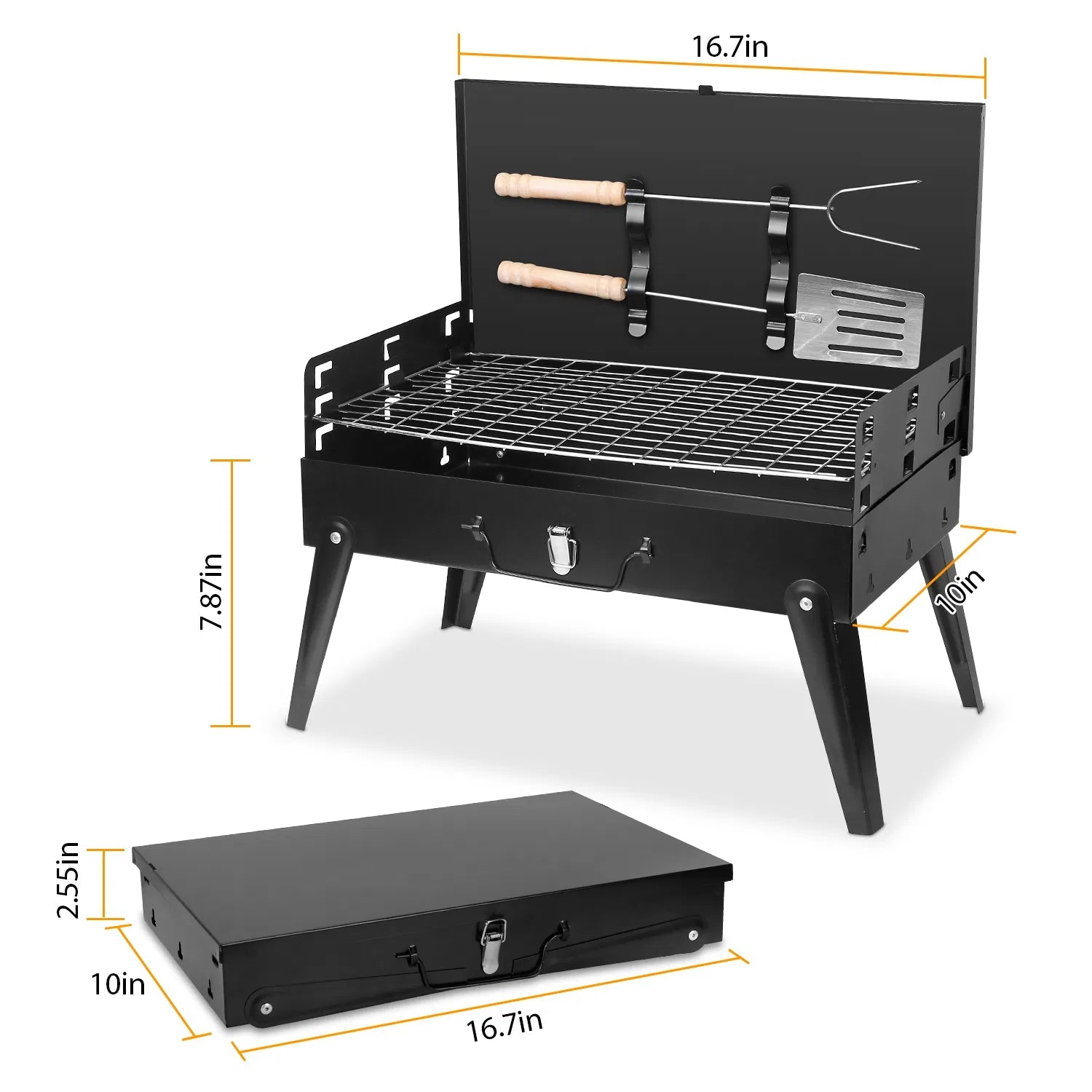 16.7" Portable Charcoal Grill, Foldable Suitcase BBQ Grill with 3-Level Adjustable Grate & Carry Handle - Black
