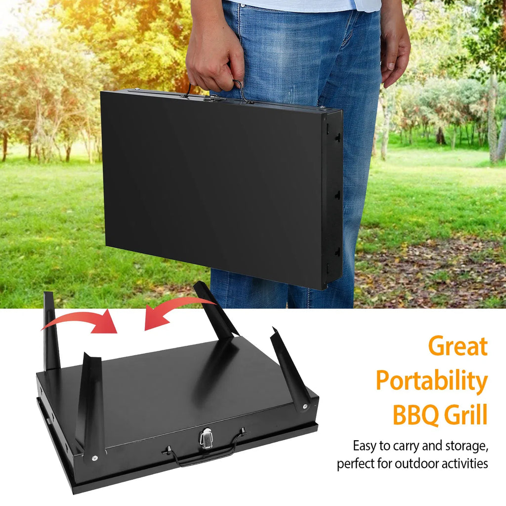 16.7" Portable Charcoal Grill, Foldable Suitcase BBQ Grill with 3-Level Adjustable Grate & Carry Handle - Black