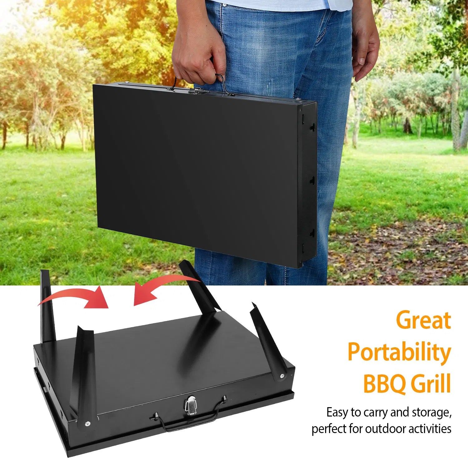16.7" Portable Charcoal Grill, Foldable Suitcase BBQ Grill with 3-Level Adjustable Grate & Carry Handle - Black
