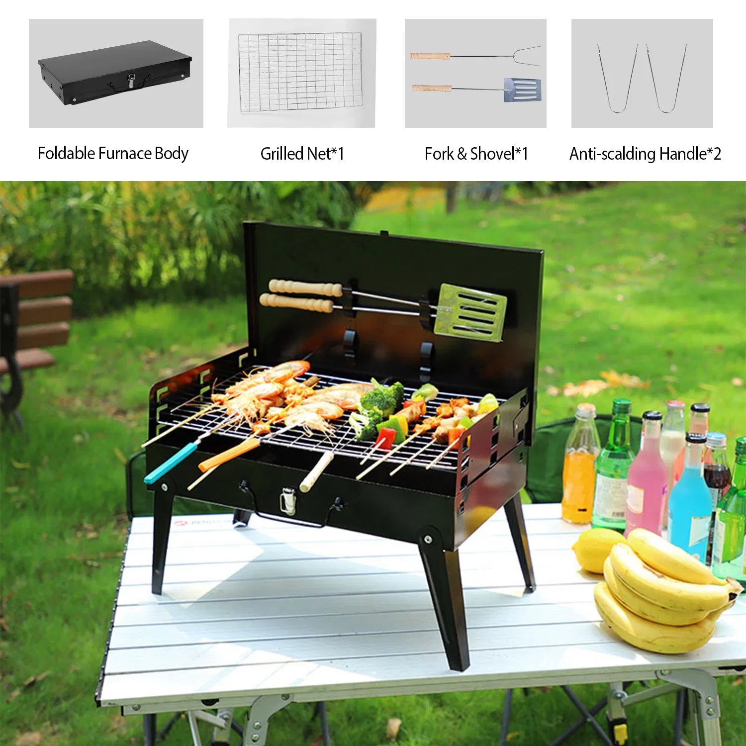 16.7" Portable Charcoal Grill, Foldable Suitcase BBQ Grill with 3-Level Adjustable Grate & Carry Handle - Black