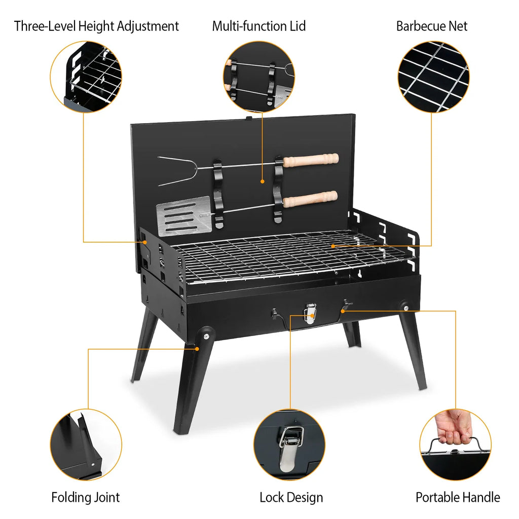 16.7" Portable Charcoal Grill, Foldable Suitcase BBQ Grill with 3-Level Adjustable Grate & Carry Handle - Black