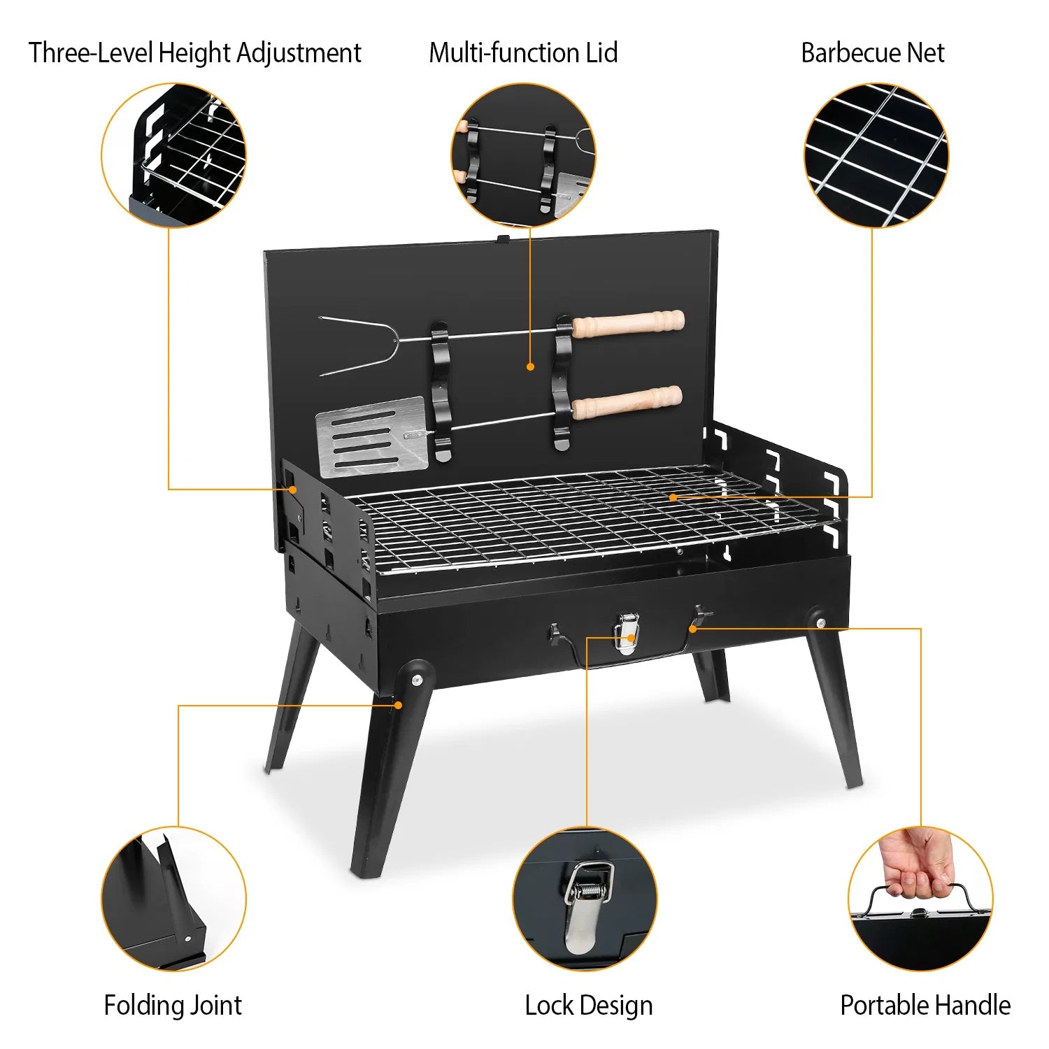 16.7" Portable Charcoal Grill, Foldable Suitcase BBQ Grill with 3-Level Adjustable Grate & Carry Handle - Black