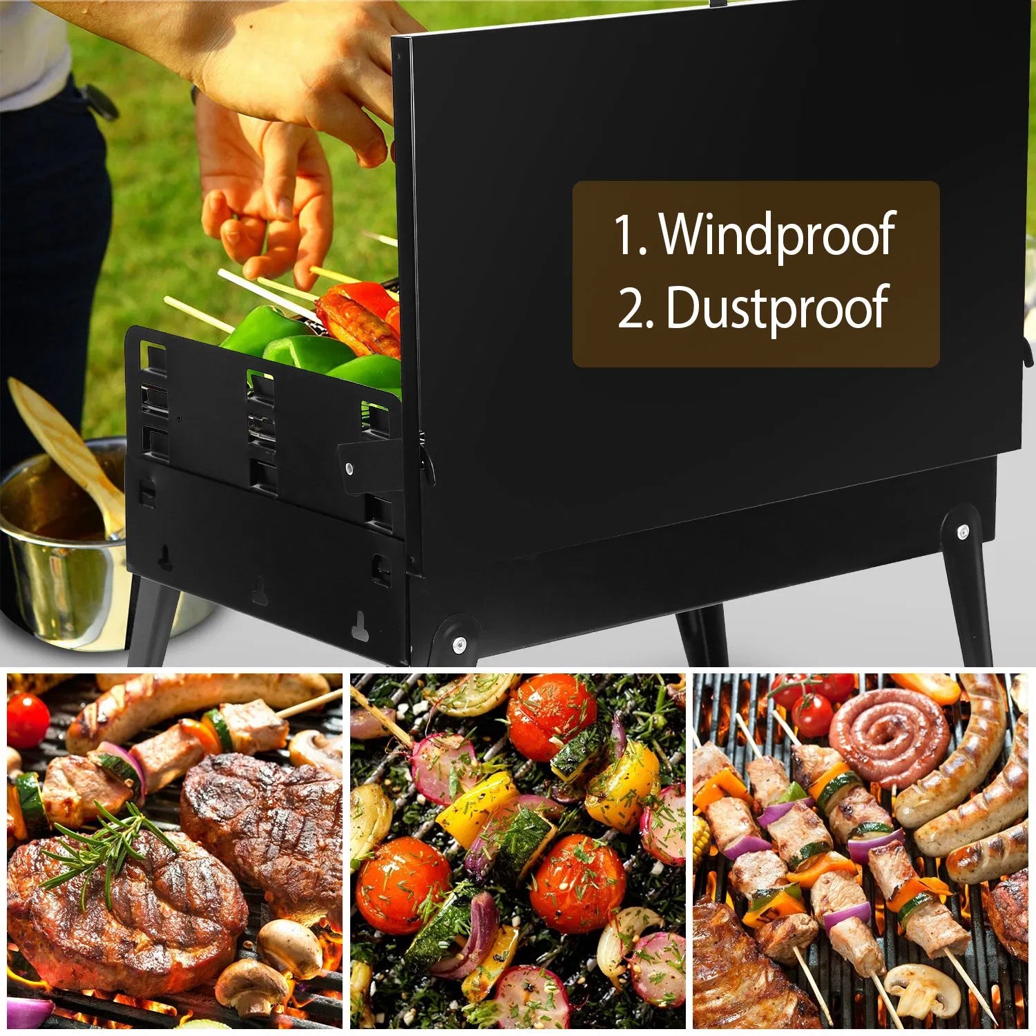 16.7" Portable Charcoal Grill, Foldable Suitcase BBQ Grill with 3-Level Adjustable Grate & Carry Handle - Black