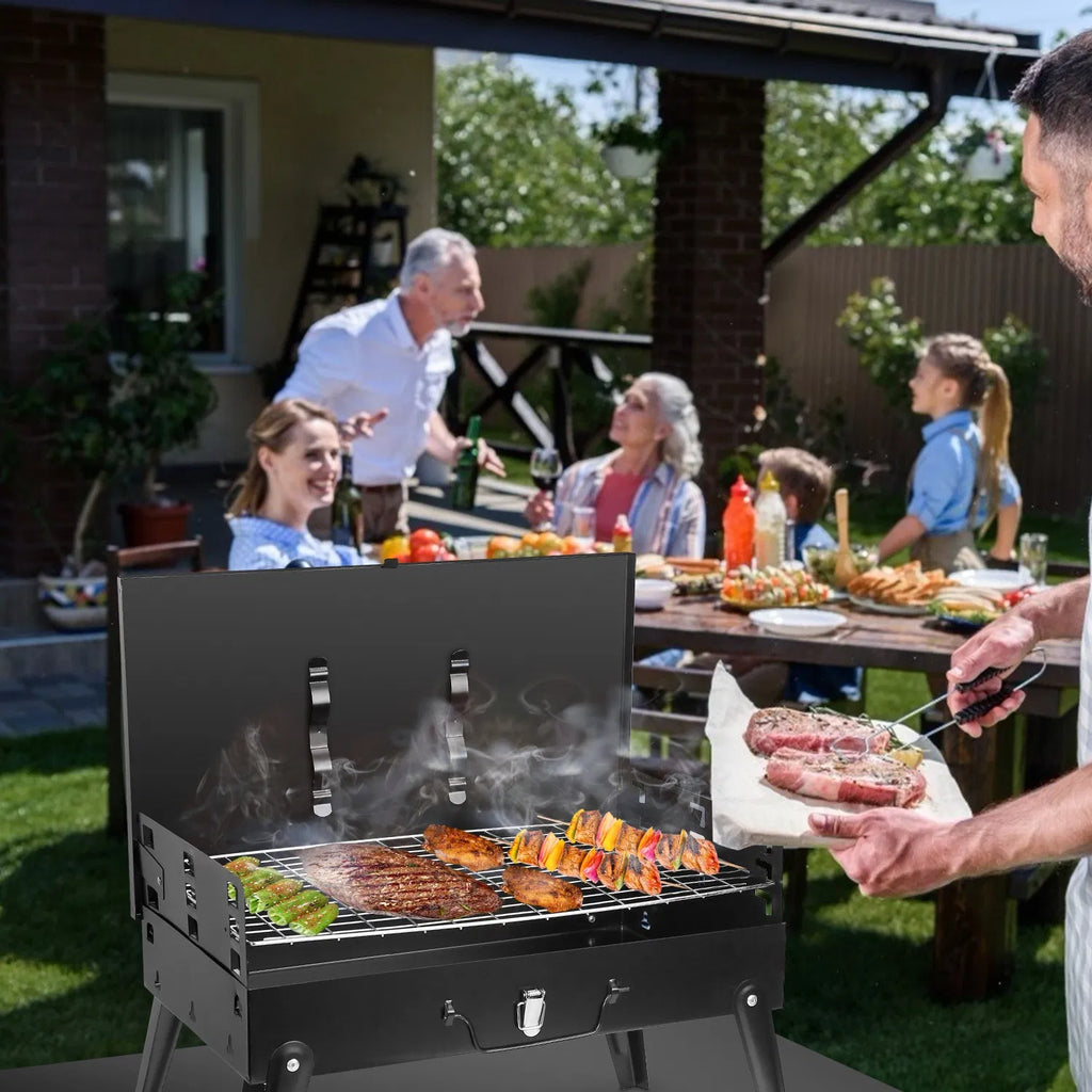 16.7" Portable Charcoal Grill, Foldable Suitcase BBQ Grill with 3-Level Adjustable Grate & Carry Handle - Black