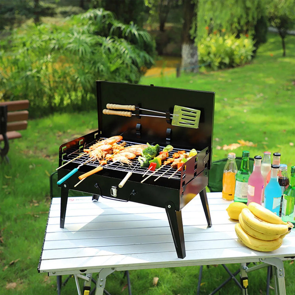 16.7" Portable Charcoal Grill, Foldable Suitcase BBQ Grill with 3-Level Adjustable Grate & Carry Handle - Black