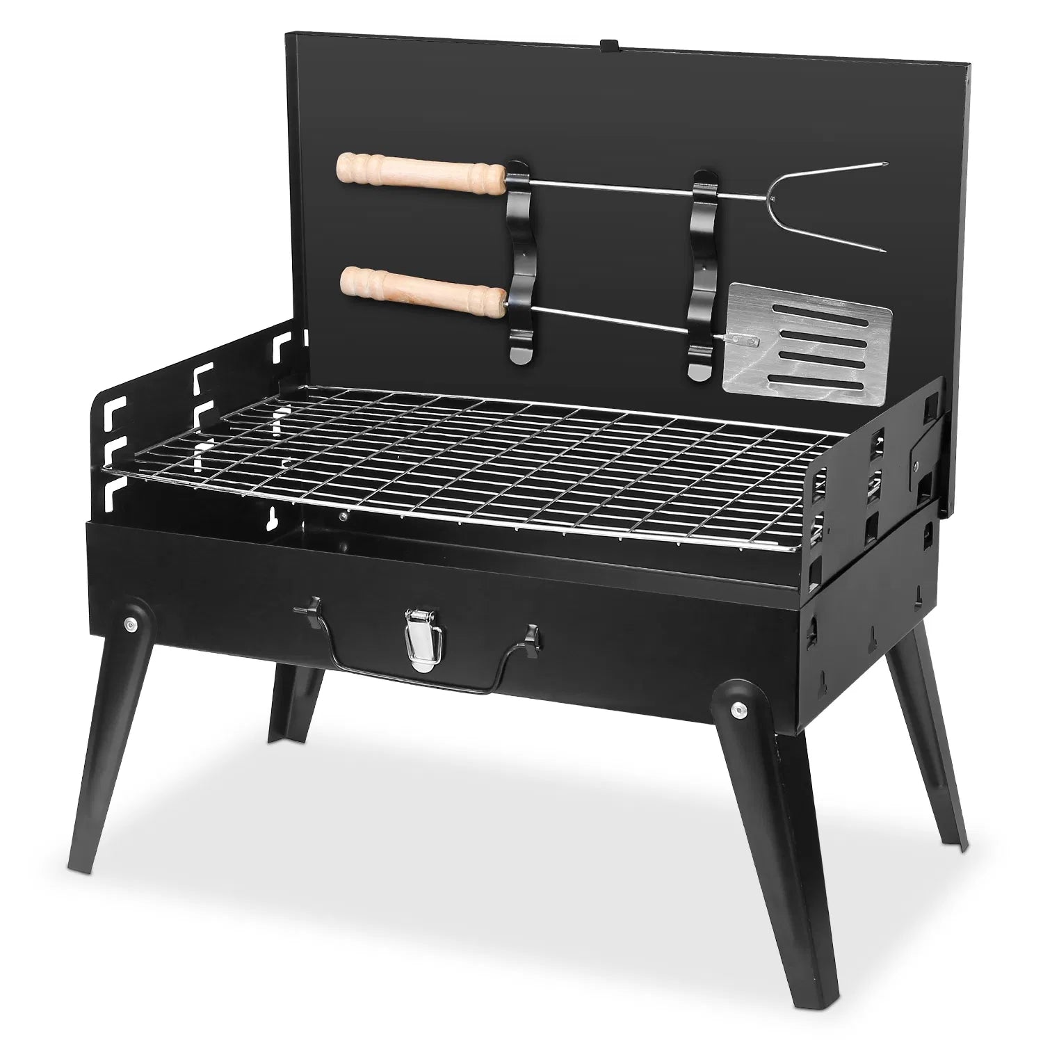 16.7" Portable Charcoal Grill, Foldable Suitcase BBQ Grill with 3-Level Adjustable Grate & Carry Handle - Black