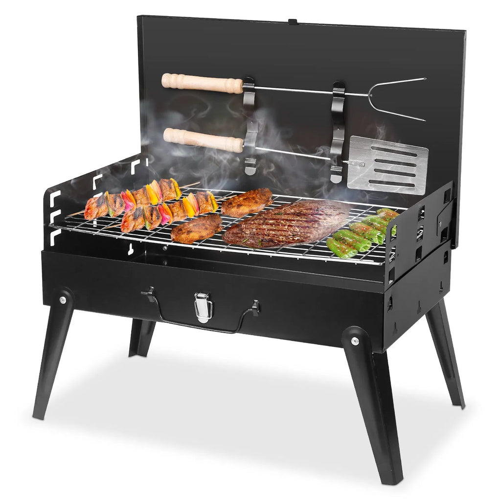 16.7" Portable Charcoal Grill, Foldable Suitcase BBQ Grill with 3-Level Adjustable Grate & Carry Handle - Black