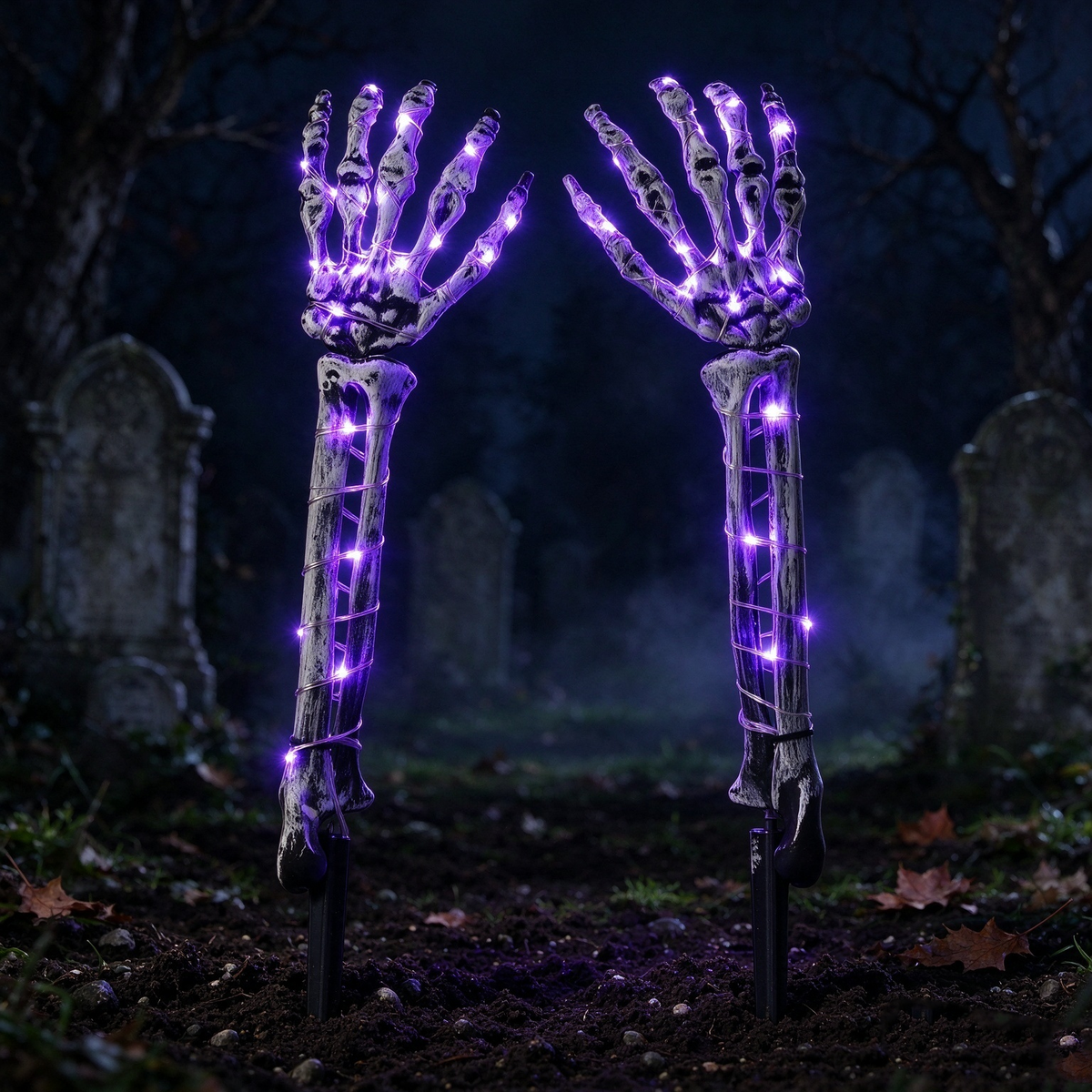 2 Pack Halloween Skeleton Arm Stake Lights, LED Lighted Skeleton Hand Yard Decor for Outdoor Graveyard Garden Halloween Decorations