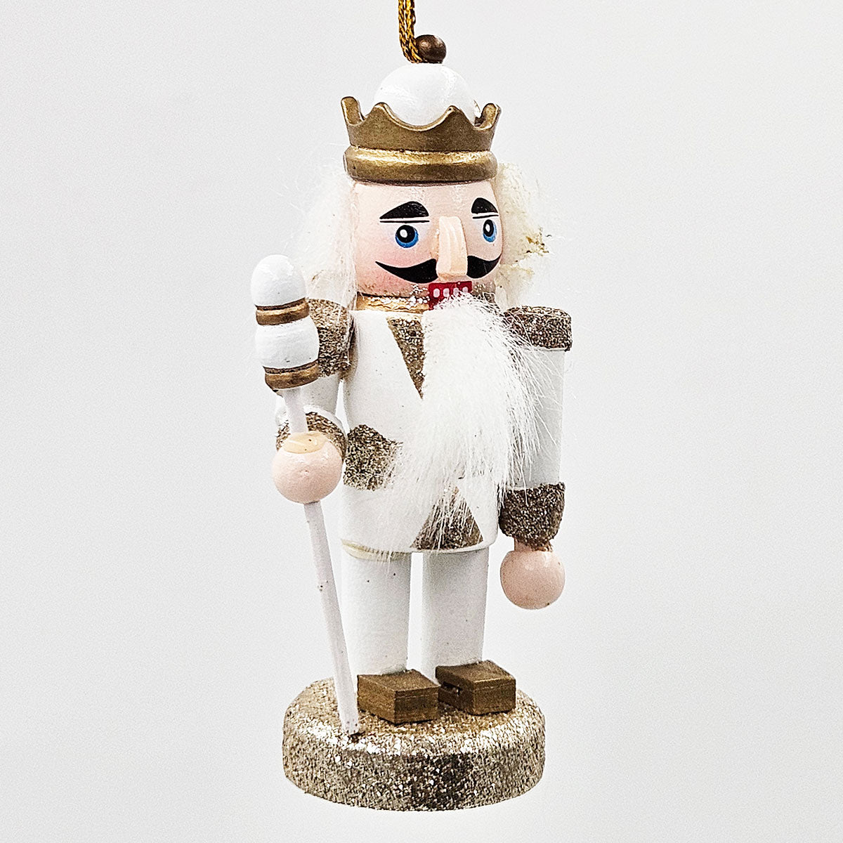 AEELLEEA 5 Inch White Gold Wooden Nutcracker Ornaments, Christmas Tree Hanging Soldier Decor, Set of 4