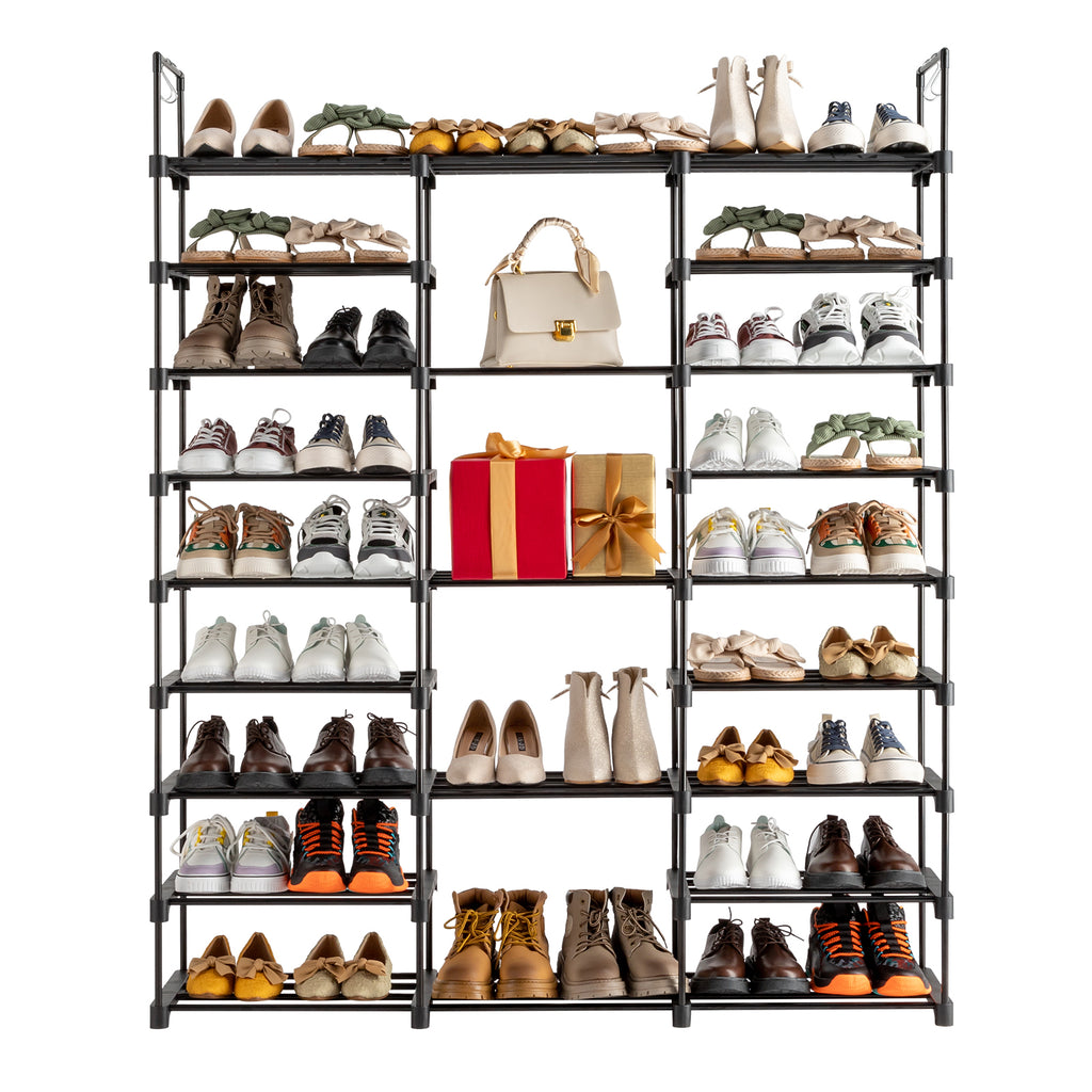 AEELLEEA- 9-Tier Freestanding Shoe Rack Organizer, Large Storage Holds 50-55 Pairs, Adjustable Height Metal Shoe Shelf with Hooks