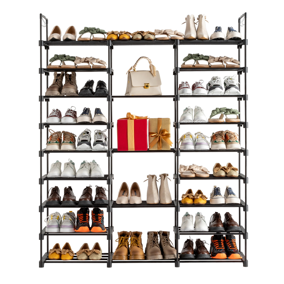 AEELLEEA- 9-Tier Freestanding Shoe Rack Organizer, Large Storage Holds 50-55 Pairs, Adjustable Height Metal Shoe Shelf with Hooks