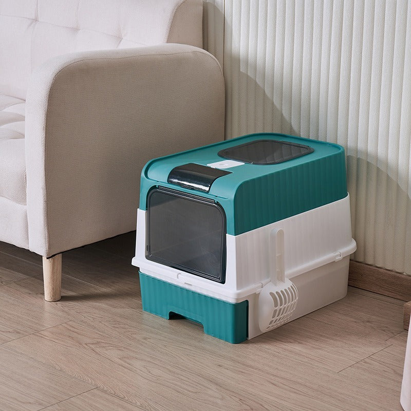 Enclosed Cat Litter Box with Lid, Anti-Tracking Fence, Drawer Tray & Scoop, Odor Control, Large, for Indoor Cats -Blue and White