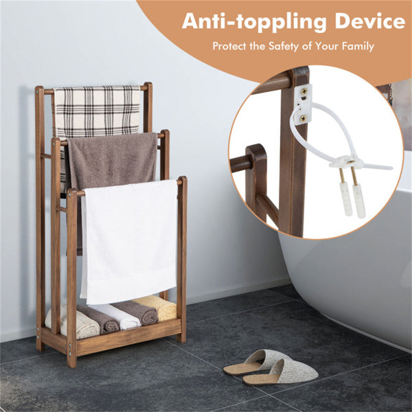 Towel Rack Stand 3 Tier, Brown Solid Wood Freestanding Towel Ladder with Shelf, Anti Toppling Towel Rack for Bathroom Laundry