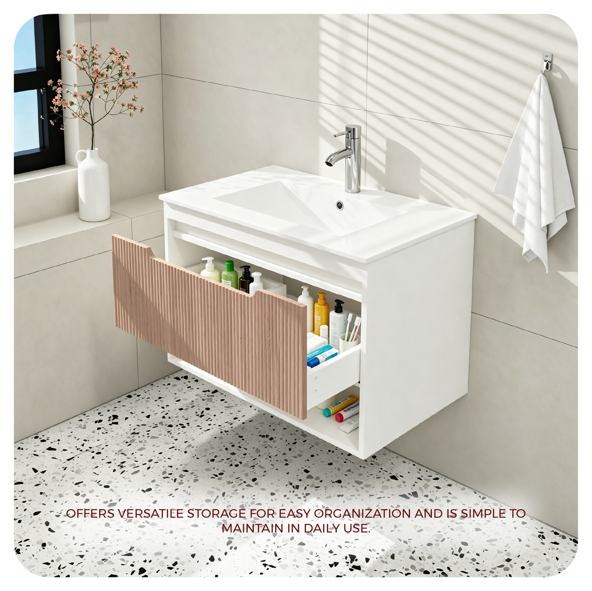 AEELLEEA 30" Floating Bathroom Vanity, Fluted Oak Drawer, White Ceramic Sink, Wall Mount Bath Cabinet