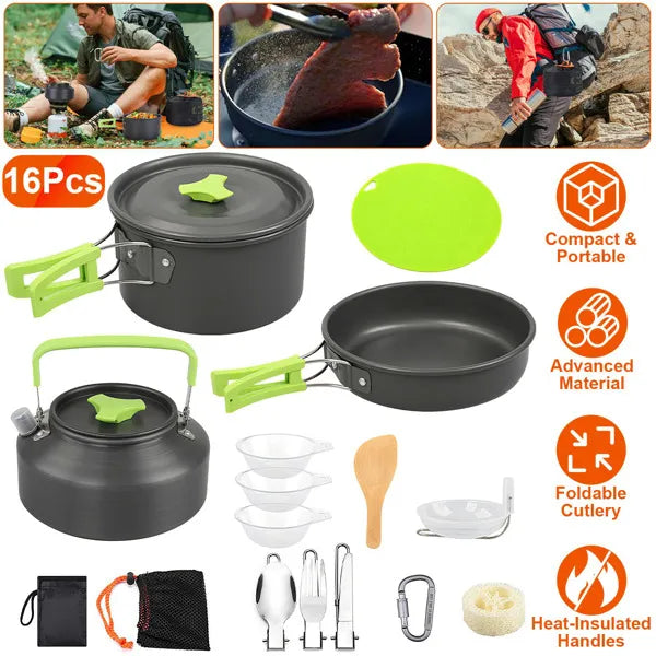 Aeelleea 16Pcs Camping Cookware Set, Portable Aluminum Outdoor Cooking Kit with Kettle Pot Pan Cutlery for Hiking Picnic Backpacking