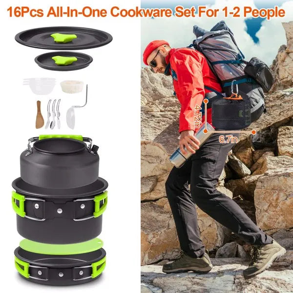 Aeelleea 16Pcs Camping Cookware Set, Portable Aluminum Outdoor Cooking Kit with Kettle Pot Pan Cutlery for Hiking Picnic Backpacking