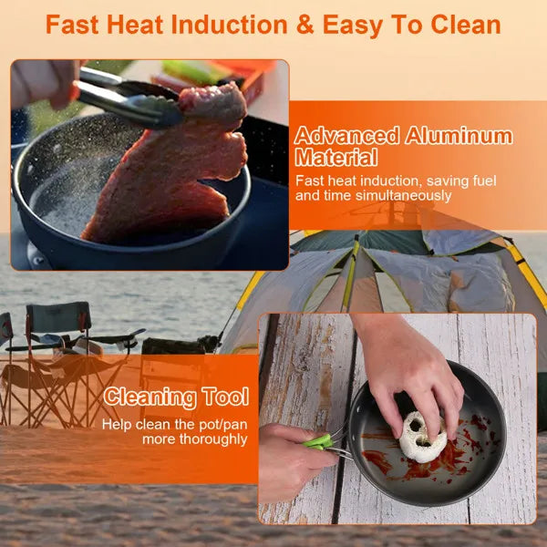 Aeelleea 16Pcs Camping Cookware Set, Portable Aluminum Outdoor Cooking Kit with Kettle Pot Pan Cutlery for Hiking Picnic Backpacking