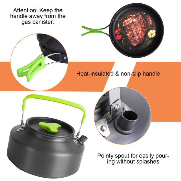 Aeelleea 16Pcs Camping Cookware Set, Portable Aluminum Outdoor Cooking Kit with Kettle Pot Pan Cutlery for Hiking Picnic Backpacking