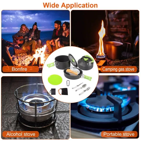 Aeelleea 16Pcs Camping Cookware Set, Portable Aluminum Outdoor Cooking Kit with Kettle Pot Pan Cutlery for Hiking Picnic Backpacking