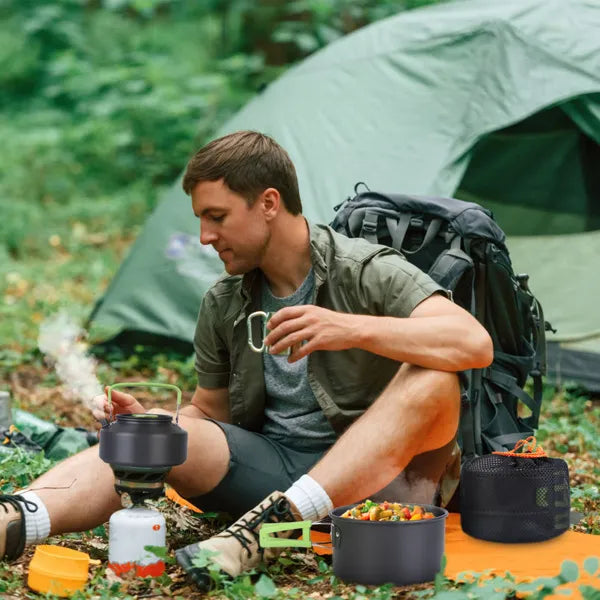 Aeelleea 16Pcs Camping Cookware Set, Portable Aluminum Outdoor Cooking Kit with Kettle Pot Pan Cutlery for Hiking Picnic Backpacking
