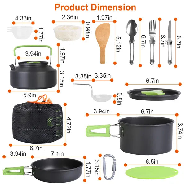 Aeelleea 16Pcs Camping Cookware Set, Portable Aluminum Outdoor Cooking Kit with Kettle Pot Pan Cutlery for Hiking Picnic Backpacking