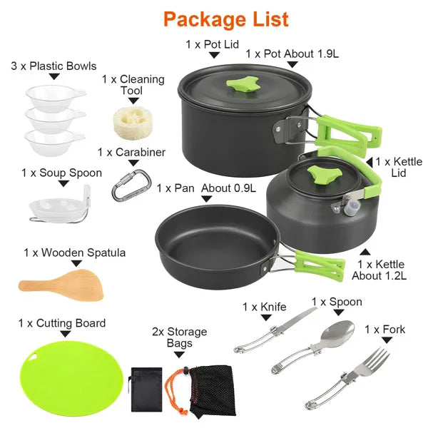 Aeelleea 16Pcs Camping Cookware Set, Portable Aluminum Outdoor Cooking Kit with Kettle Pot Pan Cutlery for Hiking Picnic Backpacking